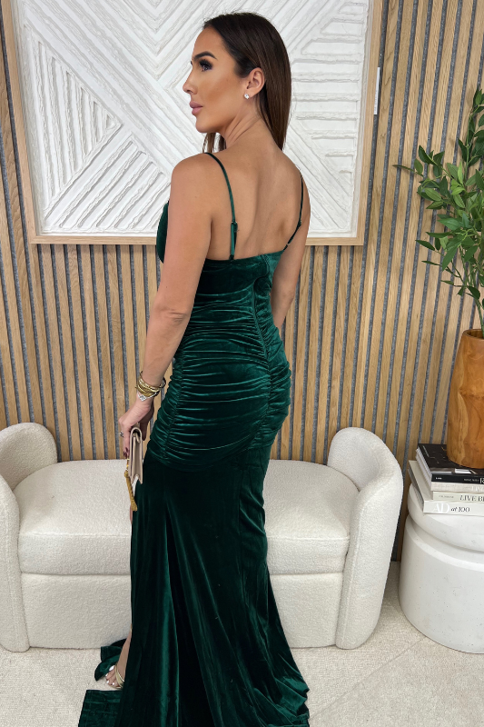 STYLED BY ALX COUTURE MIAMI BOUTIQUE Emerald Vivi Velvet Corset Maxi Dress Paired With Ali Gold Heels