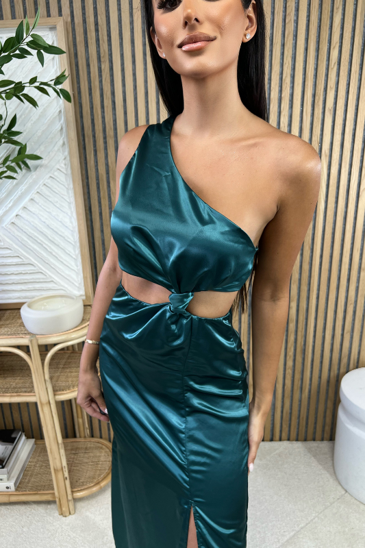 STYLED BY ALX COUTURE MIAMI BOUTIQUE Jewel Green Asymmetrical Cutout Dress