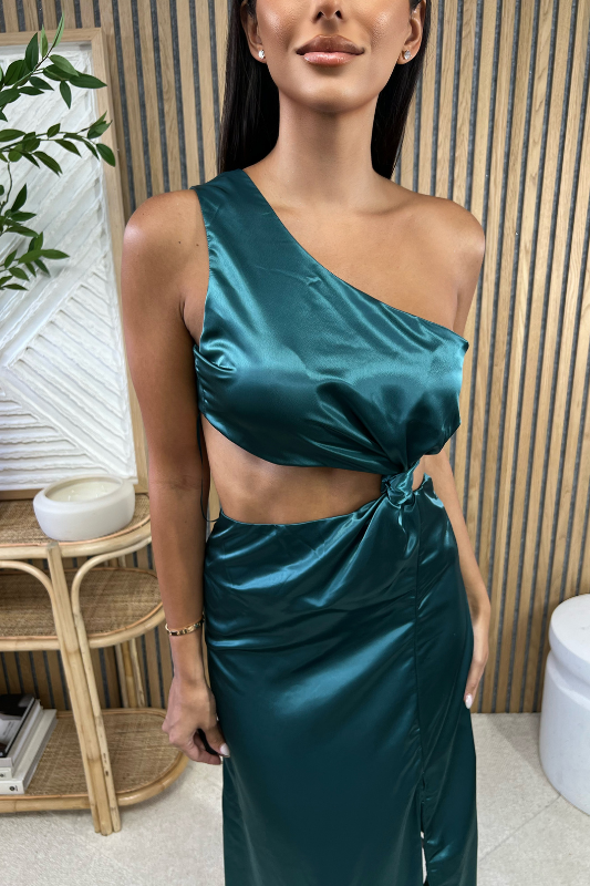 STYLED BY ALX COUTURE MIAMI BOUTIQUE Jewel Green Asymmetrical Cutout Dress