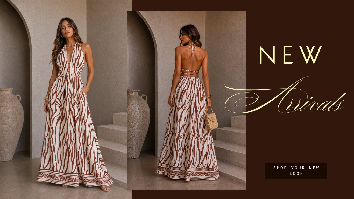 Woman in a patterned dress standing in an archway with 'New Arrivals' text on a brown background.