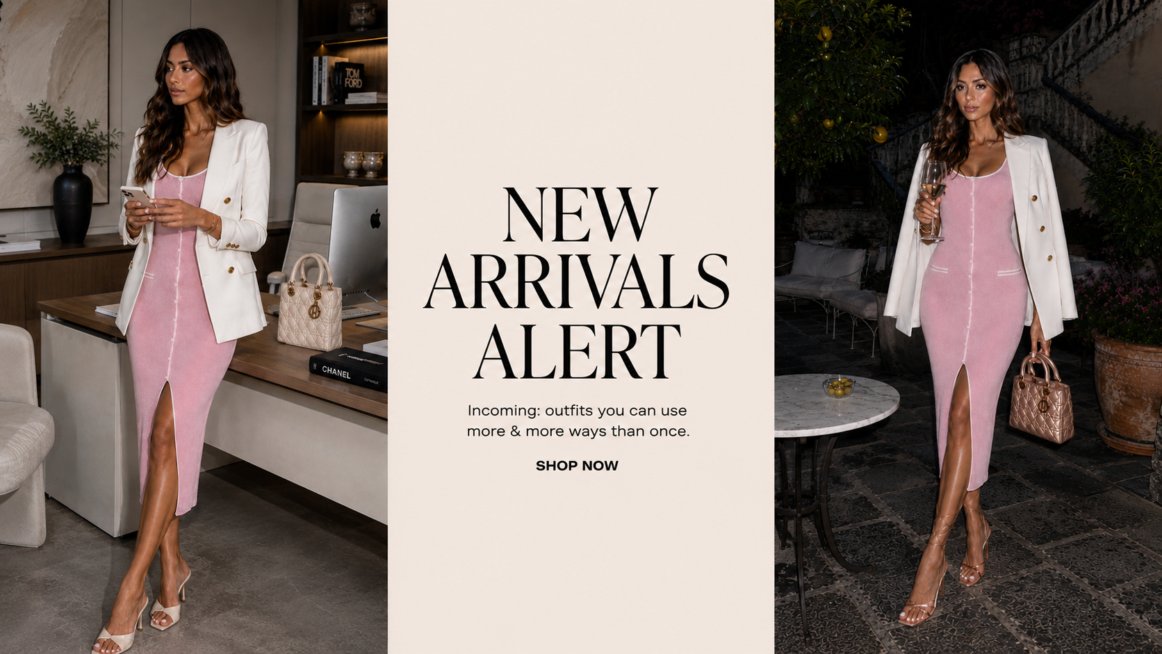 A promotional collage with two fashion photos of a woman wearing a pink sleeveless dress and white blazer, alongside large text reading 'NEW ARRIVALS ALERT' and smaller shop notice on a cream background.