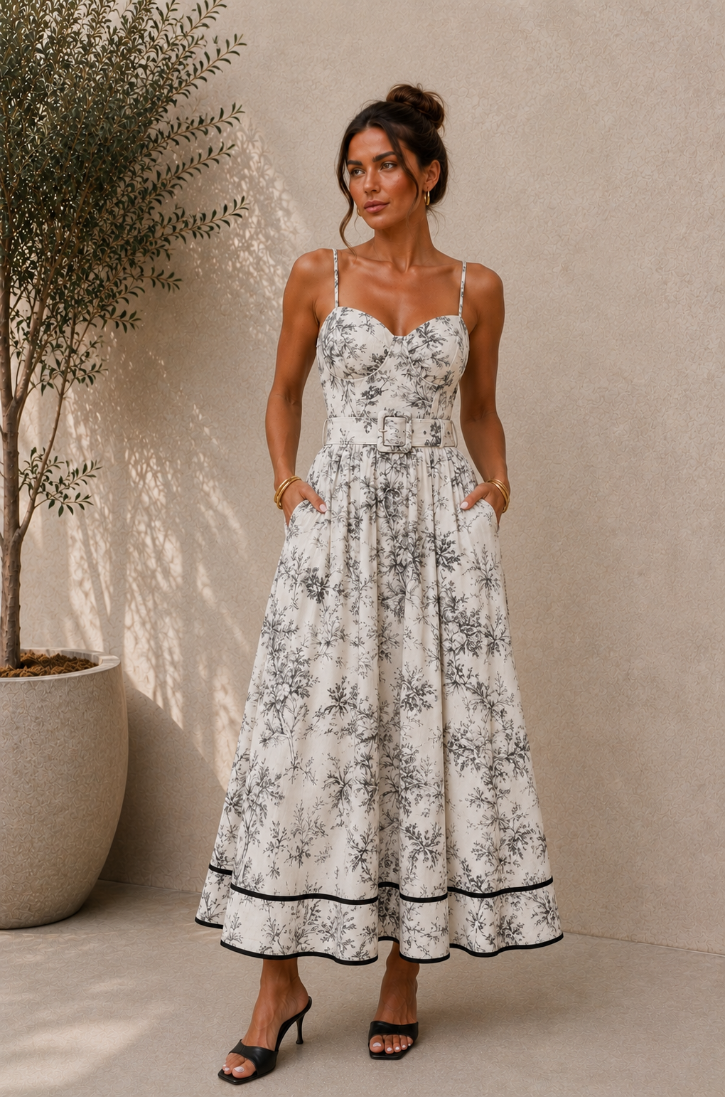 A woman models a sleeveless white maxi dress with a black floral toile pattern, thin spaghetti straps, a sweetheart neckline, a matching fabric tie belt at the waist, and side pockets. She is wearing black heeled sandals and standing in front of a textured beige stucco wall next to a potted olive tree.