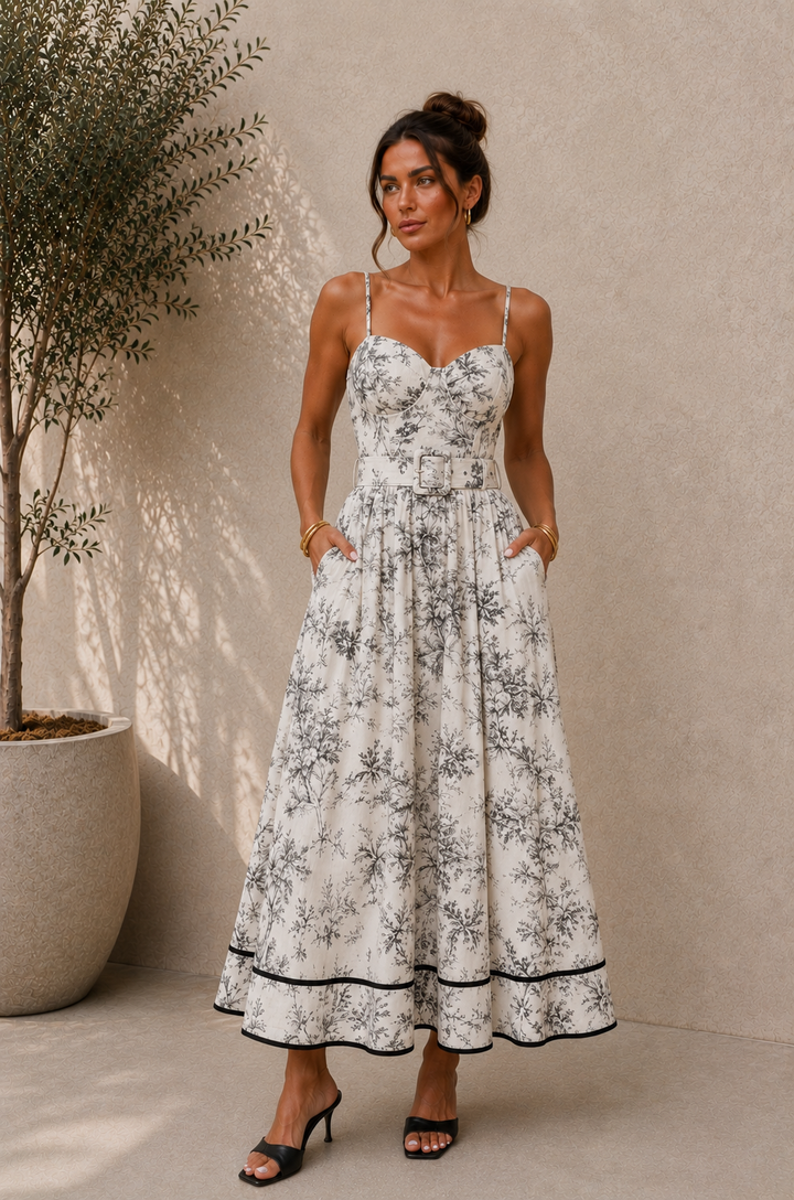 A woman models a sleeveless white maxi dress with a black floral toile pattern, thin spaghetti straps, a sweetheart neckline, a matching fabric tie belt at the waist, and side pockets. She is wearing black heeled sandals and standing in front of a textured beige stucco wall next to a potted olive tree.
