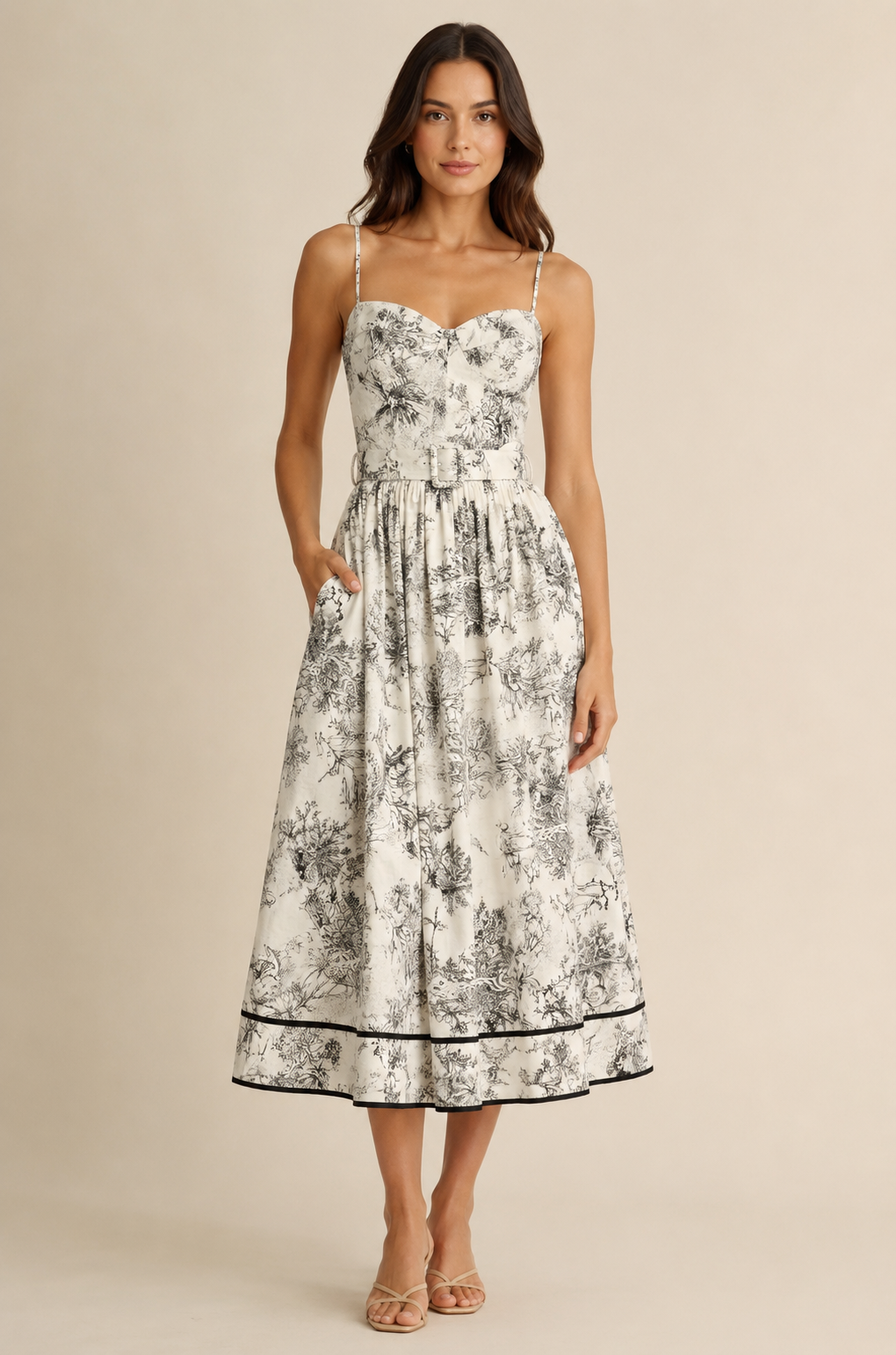 A woman modeling a sleeveless midi dress with thin straps, a sweetheart neckline, a gathered waist, and a black floral toile pattern on a warm off-white background. The dress has a matching fabric belt and a black piped hem, shown against a solid beige studio background.
