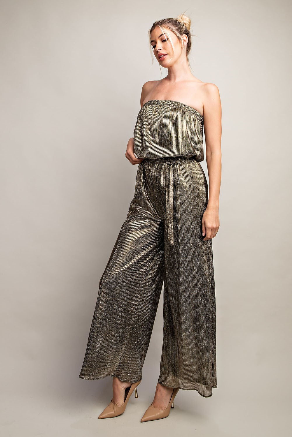 STYLED BY ALX COUTURE MIAMI BOUTIQUE Black Metallic Off Shoulder Tube Jumpsuit