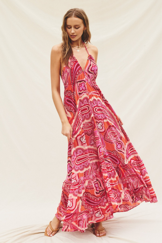 STYLED BY ALX COUTURE MIAMI BOUTIQUE Cosmo Orange Papirka Halter Cinched Maxi Dress