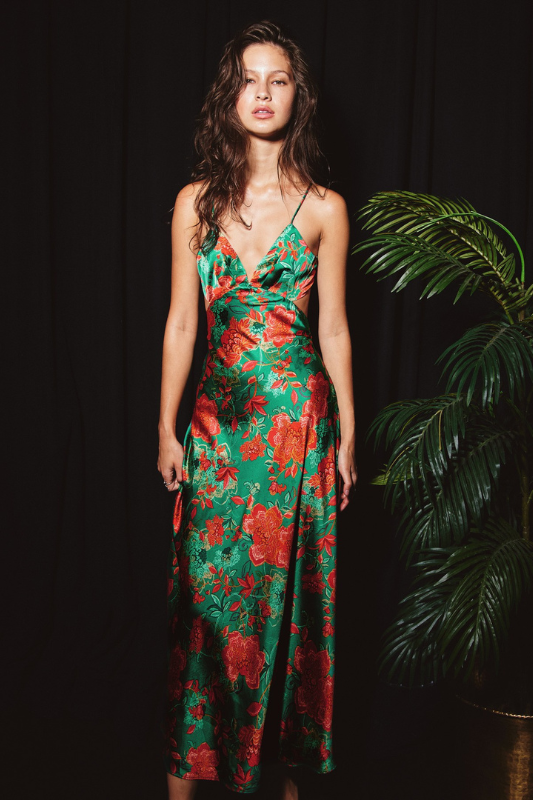 STYLED BY ALX COUTURE MIAMI BOUTIQUE floral print midi dress with side cutout and ruched cup  