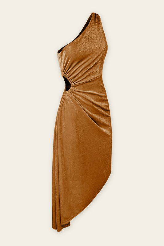 STYLED BY ALX COUTURE MIAMI BOUTIQUE  one shoulder shimmer finish asymmetrical midi dress