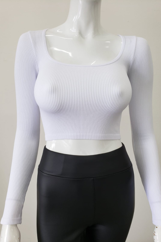 STYLED BY ALX COUTURE MIAMI BOUTIQUE White Long Sleeve Scoop Neck Ribbed Crop Top 