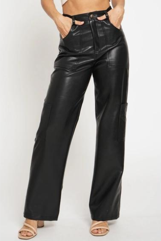 STYLED BY ALX COUTURE MIAMI BOUTIQUE Black Pu Leather Cargo Full Pants leather pants 