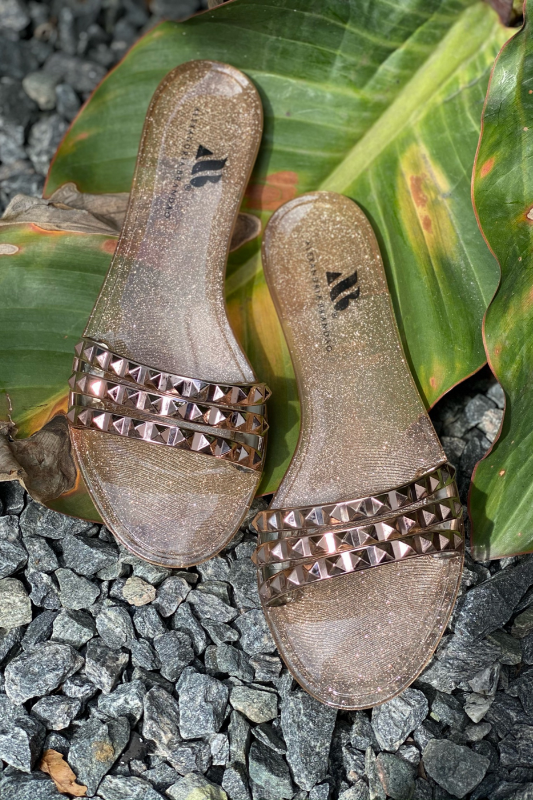 ARIA B ROSEGOLD THREE STRAP STUDDED SLIP ONS WITH GLITTER SOLE IN ROSE GOLD