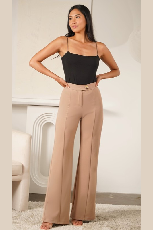 STYLED BY ALX COUTURE MIAMI BOUTIQUE Taupe High Waisted Tortoise Button Trouser Pants