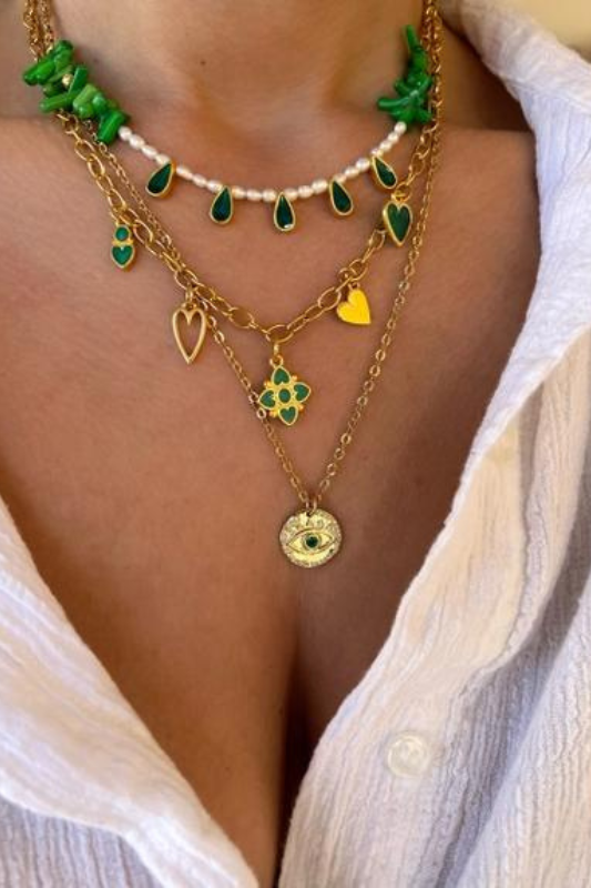 STYLED BY ALX COUTURE MIAMI BOUTIQUE Emerald Gold Chain Pearls Beaded Necklace *PRE*