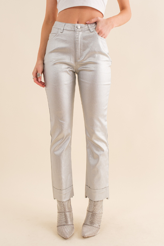 STYLED BY ALX COUTURE MIAMI BOUTIQUE Silver Metallic Ankle Length Denim Jeans *PRE*