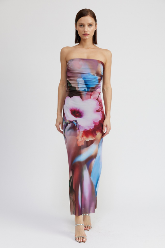 STYLED BY ALX COUTURE MIAMI BOUTIQUE Wine Combo Floral Sheer Tube Slit Maxi Dress