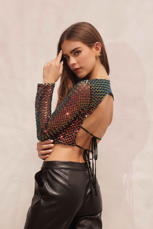 STYLED BY ALX COUTURE MIAMI BOUTIQUE Black Half Moon Open Back Sequin Long Sleeve Crop Top 