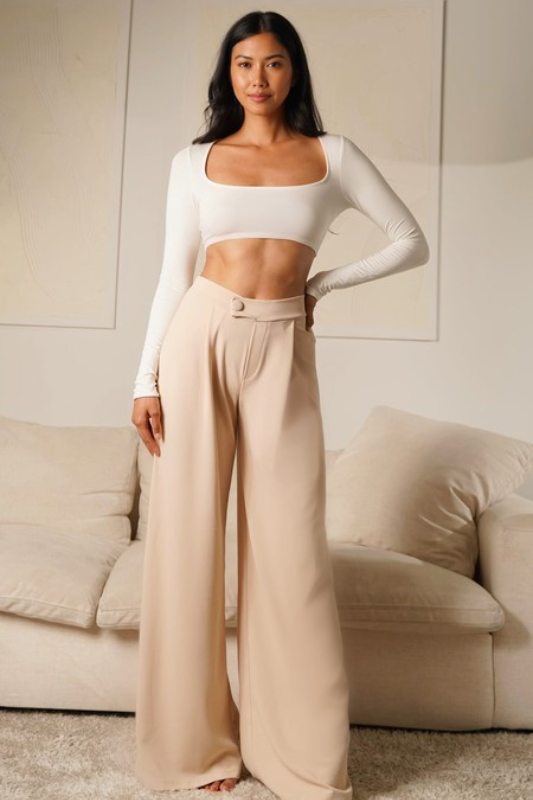 STYLED BY ALX COUTURE MIAMI BOUTIQUE Taupe Asymmetrical High Waisted Trouser Pants