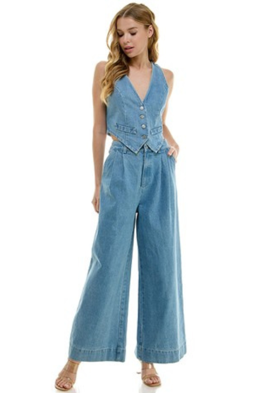 STYLED BY ALX COUTURE MIAMI BOUTIQUE Denim Button Front Vest and Wide Leg Pleated Pant Set 