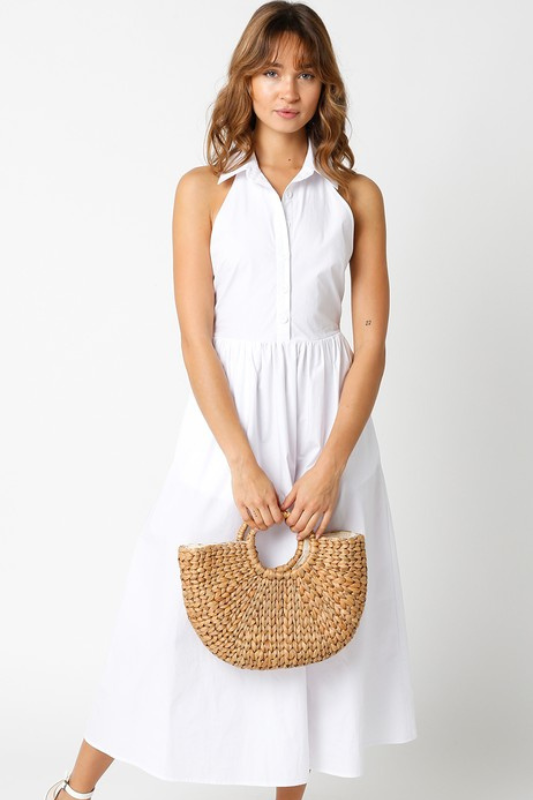 model is wearing White Sophie Dress with a natural handbag bag