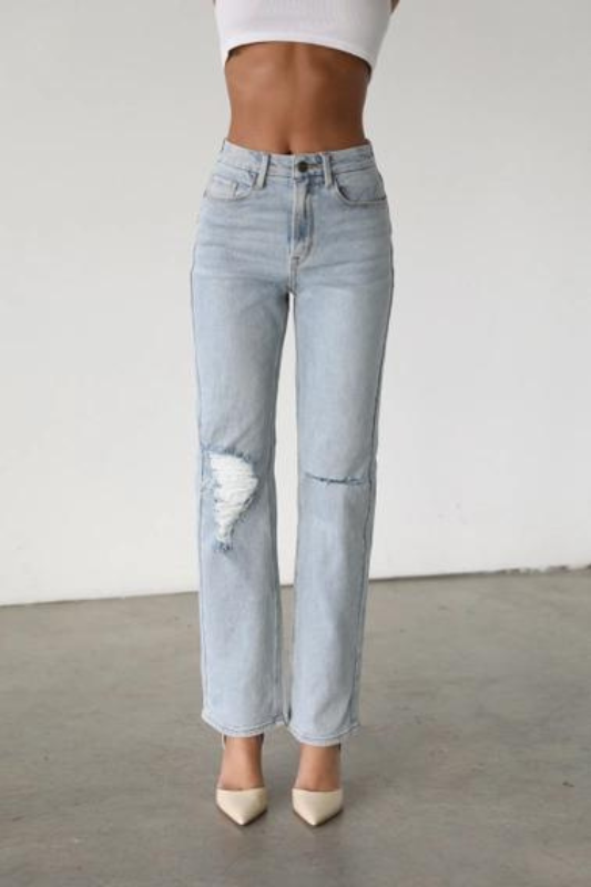 STYLED BY ALX COUTURE MIAMI BOUTIQUE Light High Rise Straight Denim Jeans with ripped leg detail 