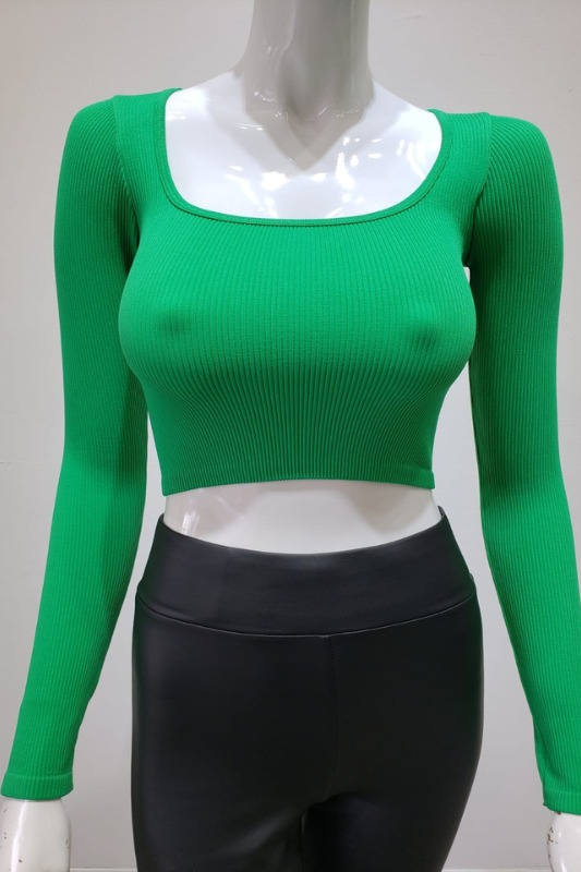 STYLED BY ALX COUTURE MIAMI BOUTIQUE Kelly Green Long Sleeve Scoop Neck Ribbed Crop Top basic long sleeve crop top fall basic clothing 