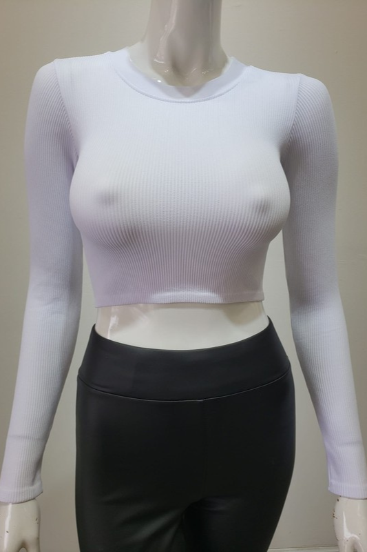 White Round Neck Long Sleeve Ribbed Crop Top