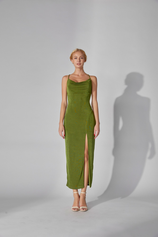STYLED BY ALX COUTURE MIAMI BOUTIQUE Green Cowl Neck Crossed Back High Slit Midi Dress