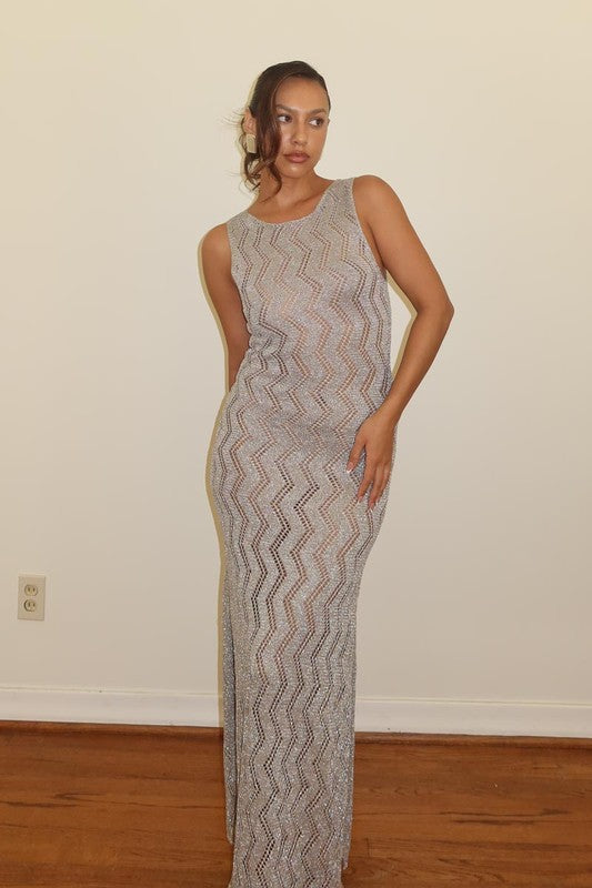 Silver Metallic Crochet Knit Dress