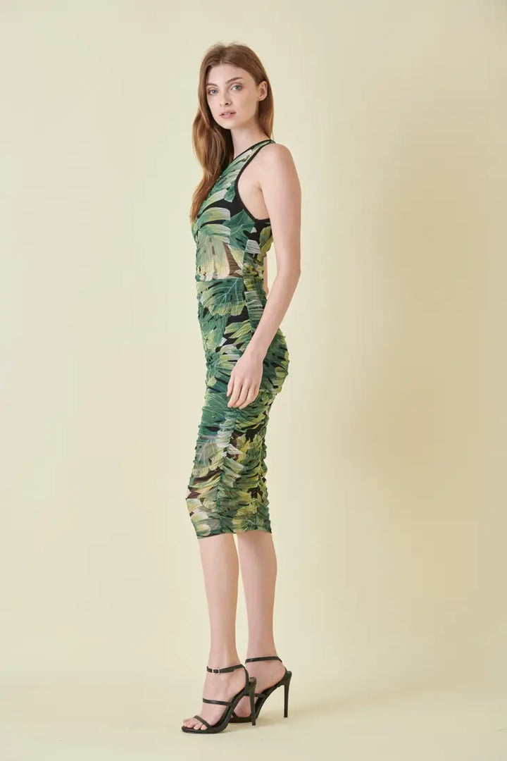 STYLED BY ALX COUTURE MIAMI BOUTIQUE Green Resort Beach Mesh Leaf Print Ruched Midi 