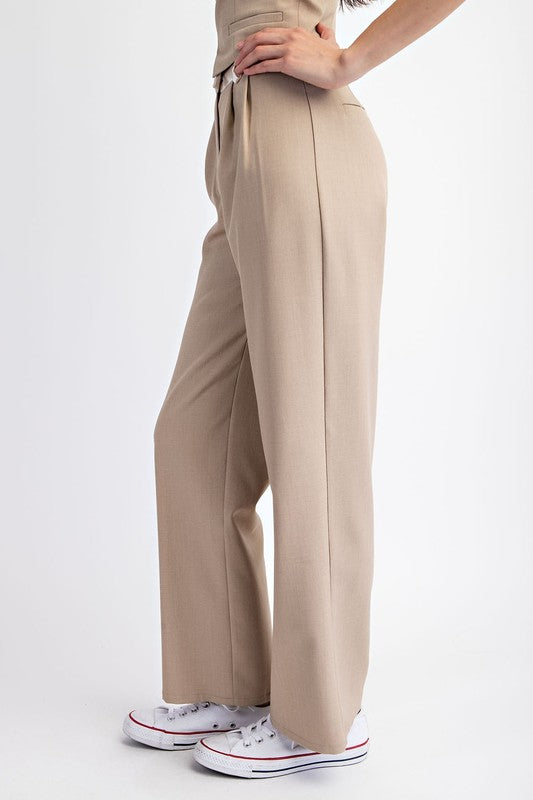 side of the Taupe Cream Contrast Satin Wide Pants