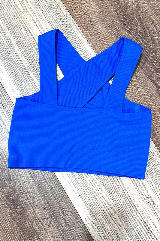 STYLED BY ALX COUTURE MIAMI BOUTIQUE Royal Blue Wired Cross Front Crop Tank