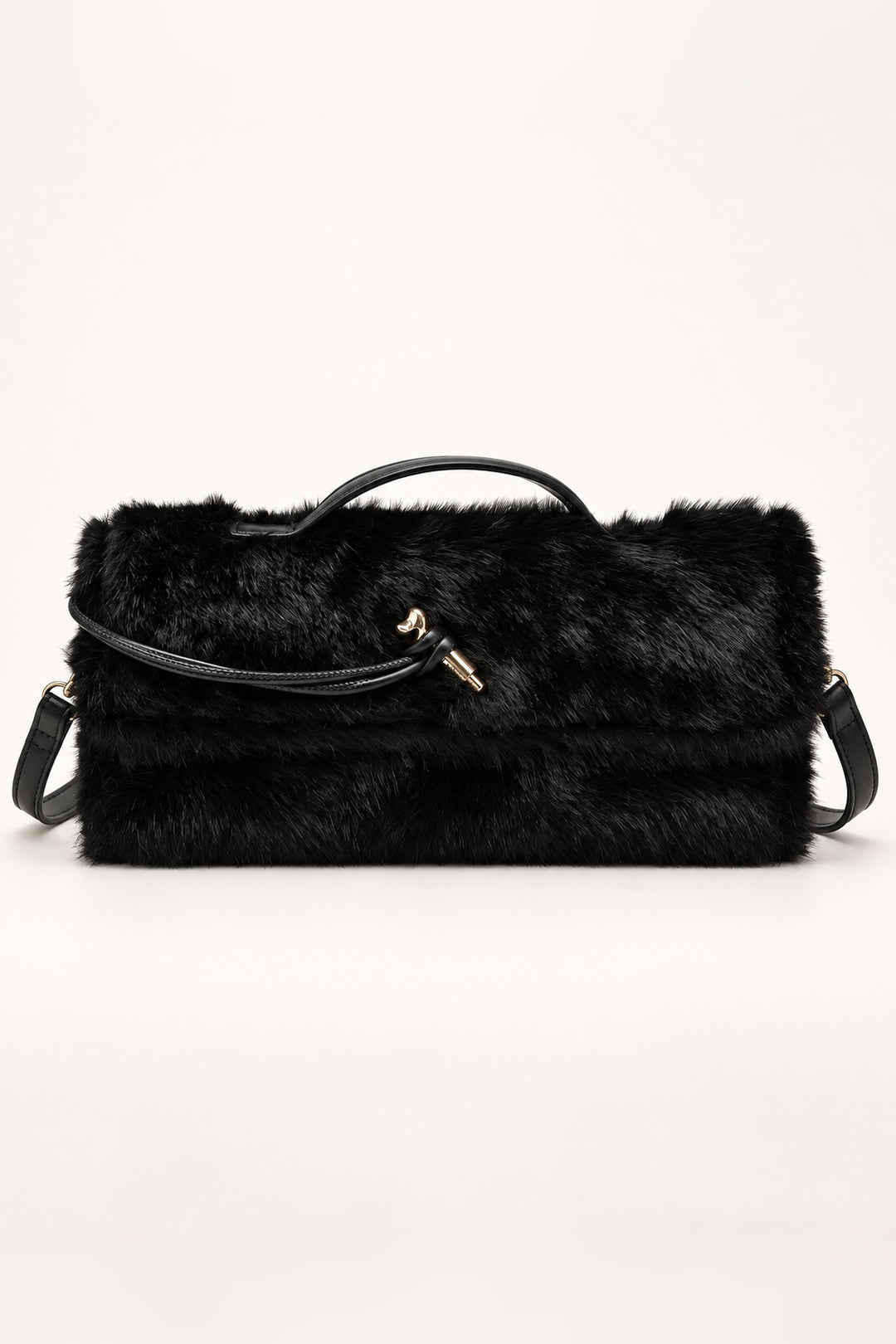Front view of the Black Ada Faux Fur Crossbody Bag with top handle and gold-tone hardware