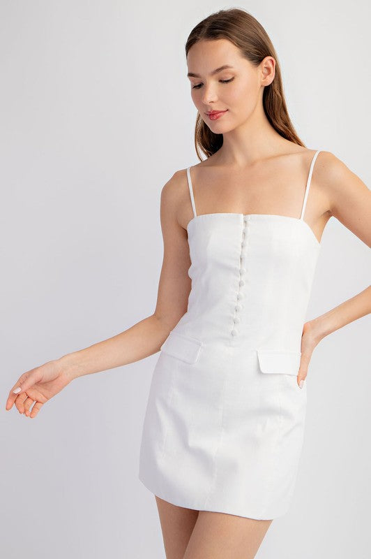 model wearing Off White Tailored Linen Tube Mini Dress