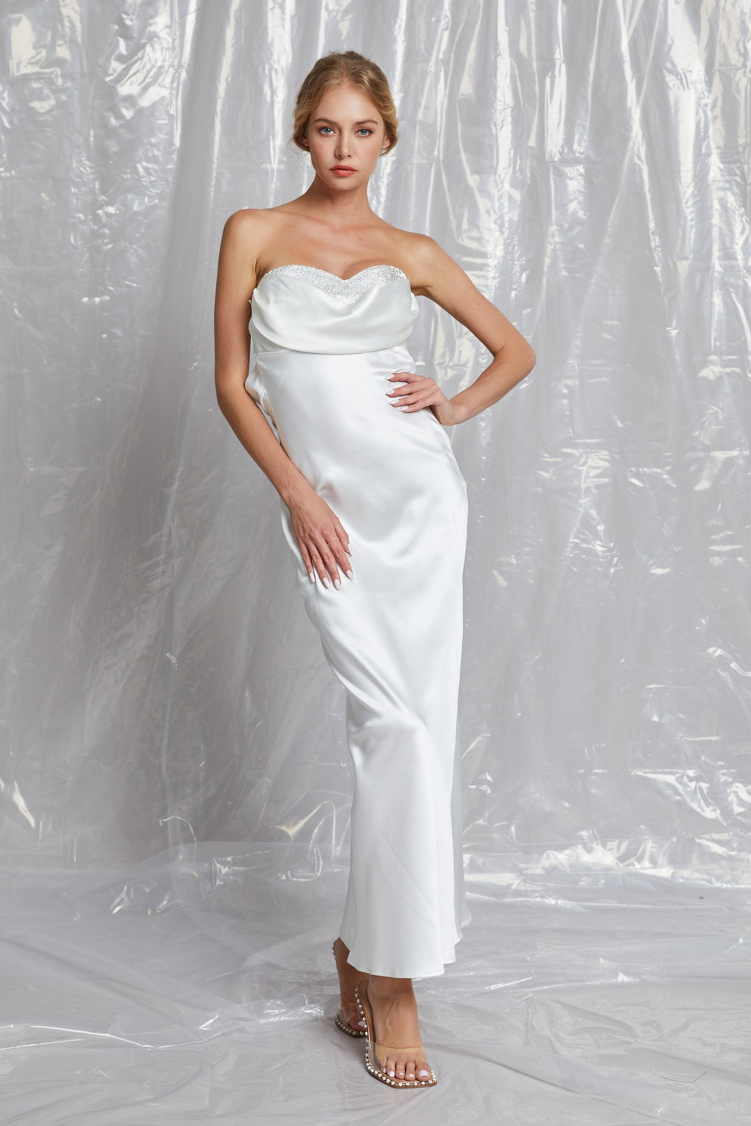 STYLED BY ALX COUTURE MIAMI BOUTIQUE Ivory Sequin Detail Cowl Tube Midi Dress