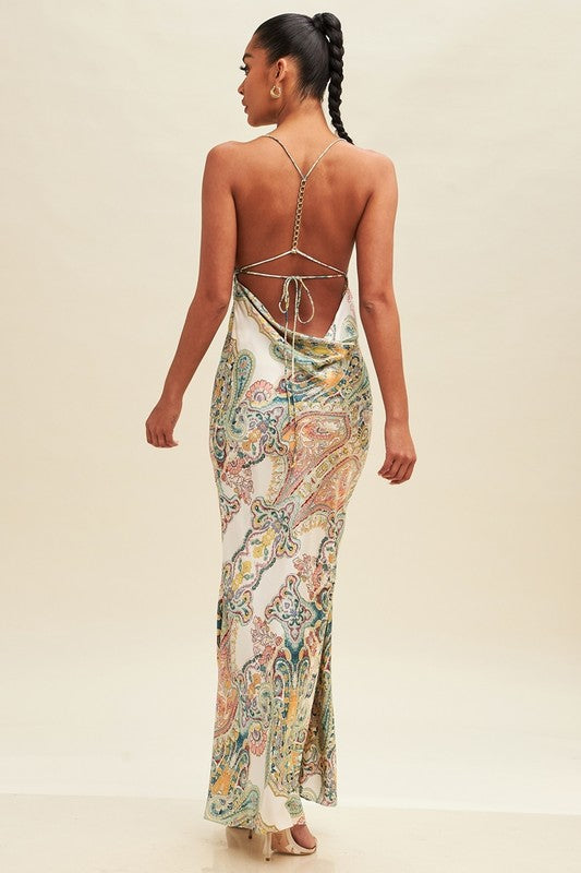 back of the Ivory Green Paisley Chain Back Dress 
