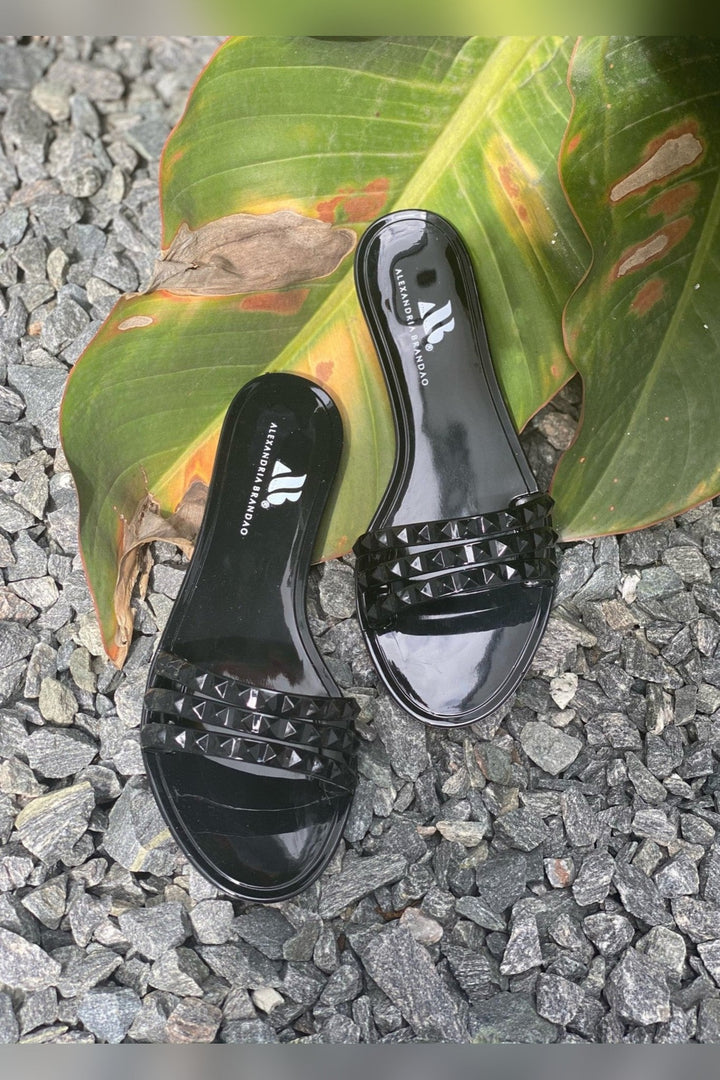 Aria B Black Slide Sandals with studded strap