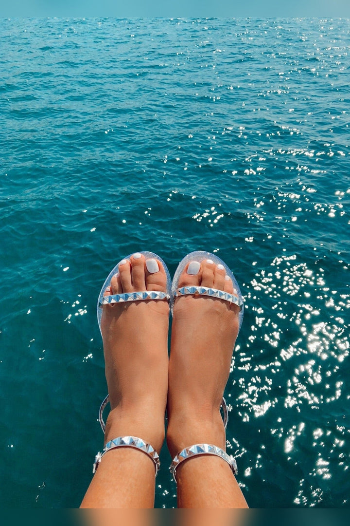 Aria Silver Studded Sandals with 0.5 inch flat heel