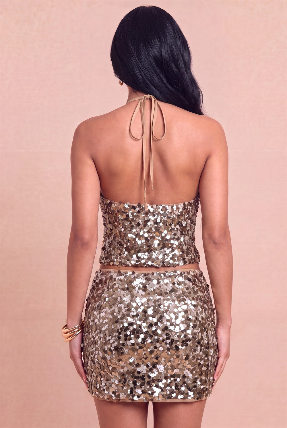 Back view of Luxxel mocha sequin skirt set showing halter tie