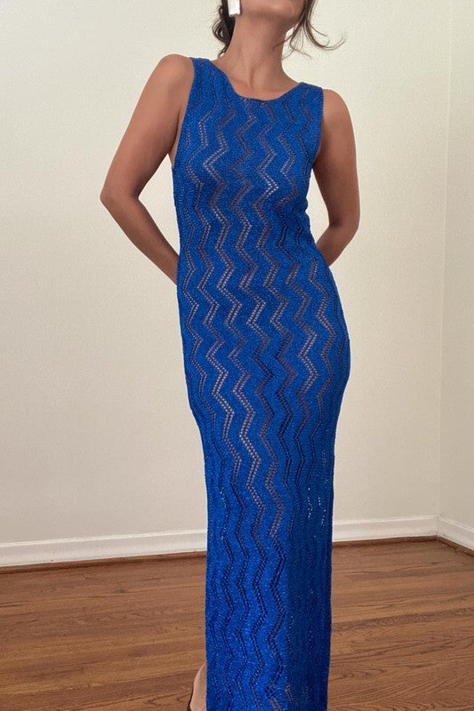 Metallic Blue Knit Crochet Maxi Dress