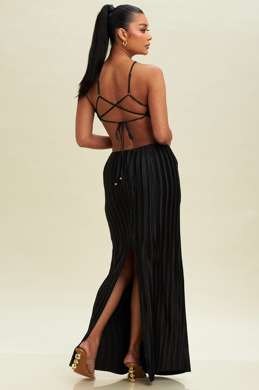 back of the Black Pleated Gold Metal Dress