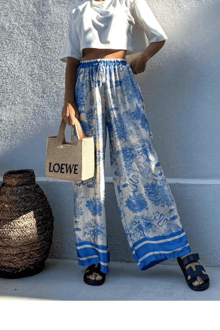 Baby Blue Bohemian Jungle Print Pants - STYLED BY ALX COUTUREPANTS