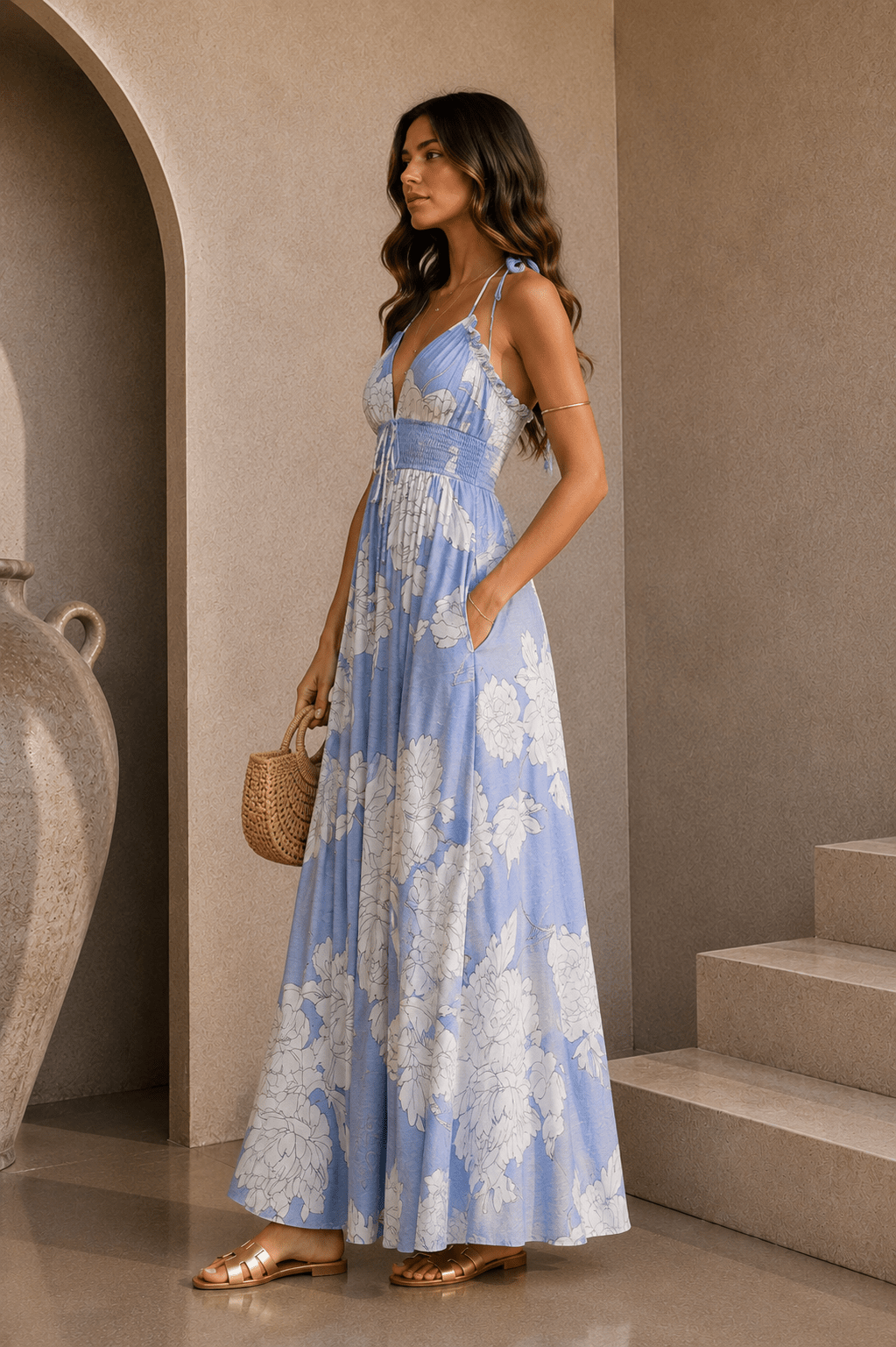 Baby Blue & White Halter Floral Maxi Dress - STYLED BY ALX COUTUREDresses