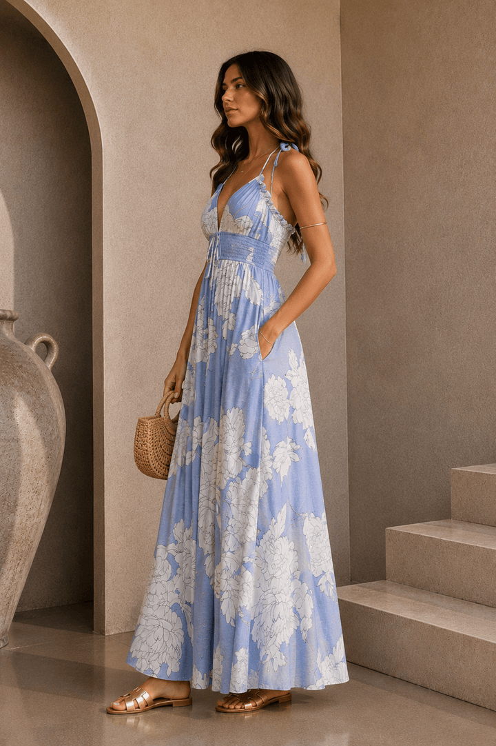 Baby Blue & White Halter Floral Maxi Dress - STYLED BY ALX COUTUREDresses