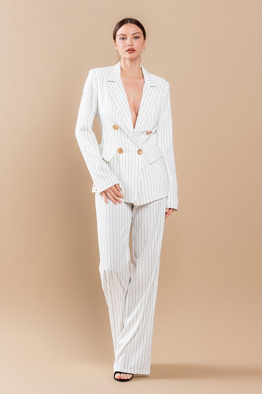 model is wearing White Stripe Jacket Suit Set and black heels