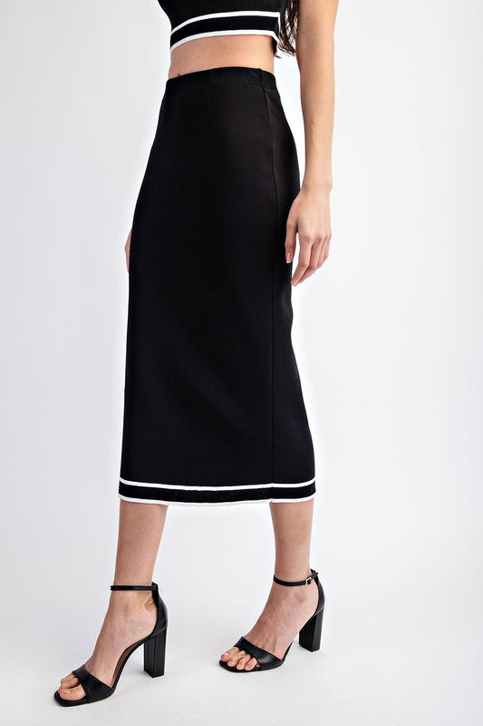 side of the Black Contrast Edge Midi Skirt