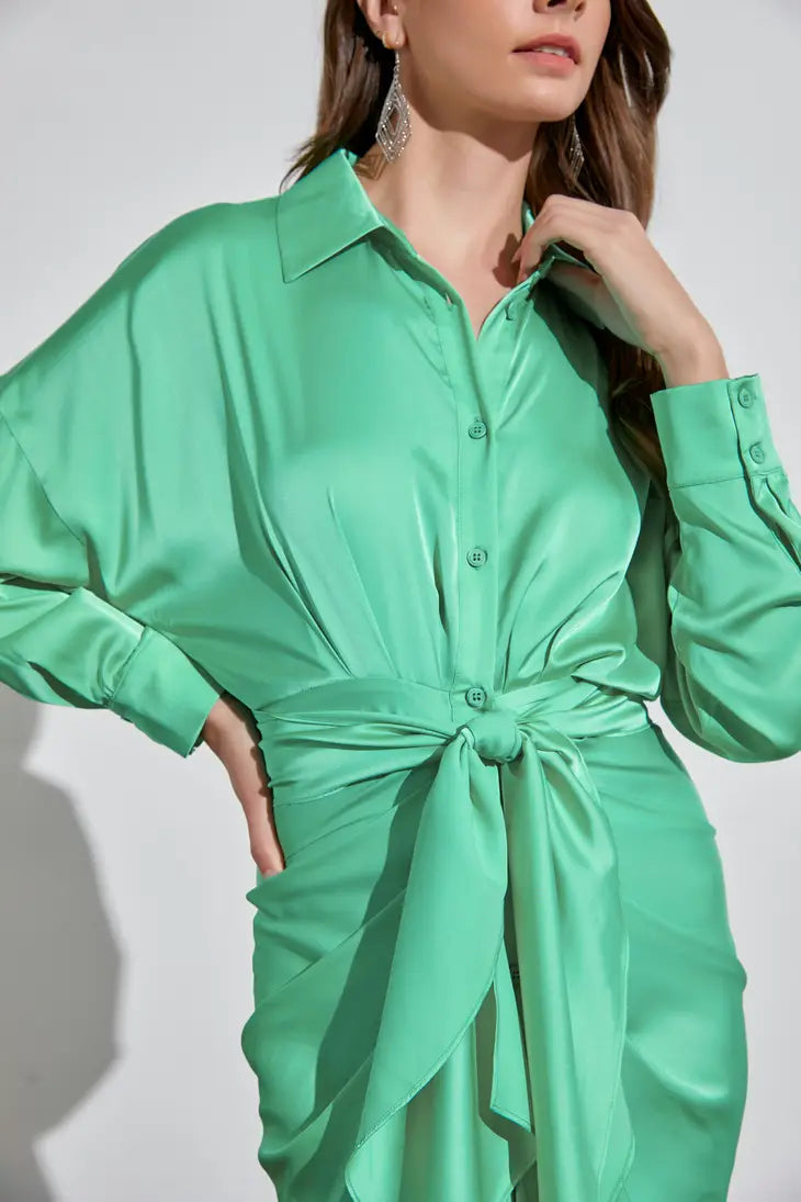 STYLED BY ALX COUTURE MIAMI BOUTIQUE Biscay Green Collar Button Down Front Tie Dress