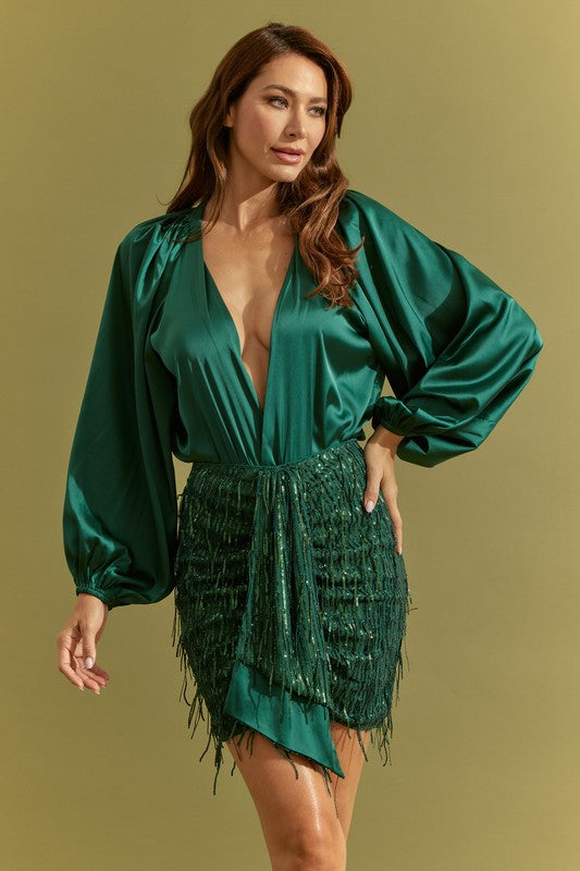 STYLED BY ALX COUTURE MIAMI BOUTIQUE Emerald Green Satin Bodysuit Sequin Mesh Mini Skirt Set 