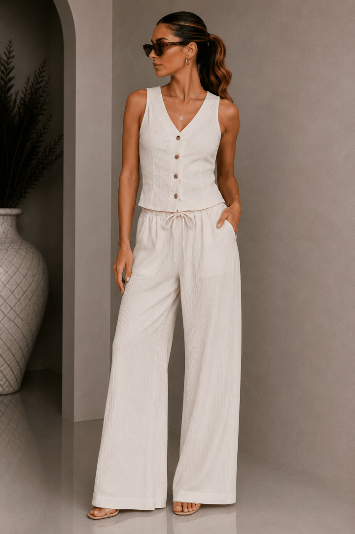 Beige Button Down Vest Pant Set - STYLED BY ALX COUTUREPANT SETS