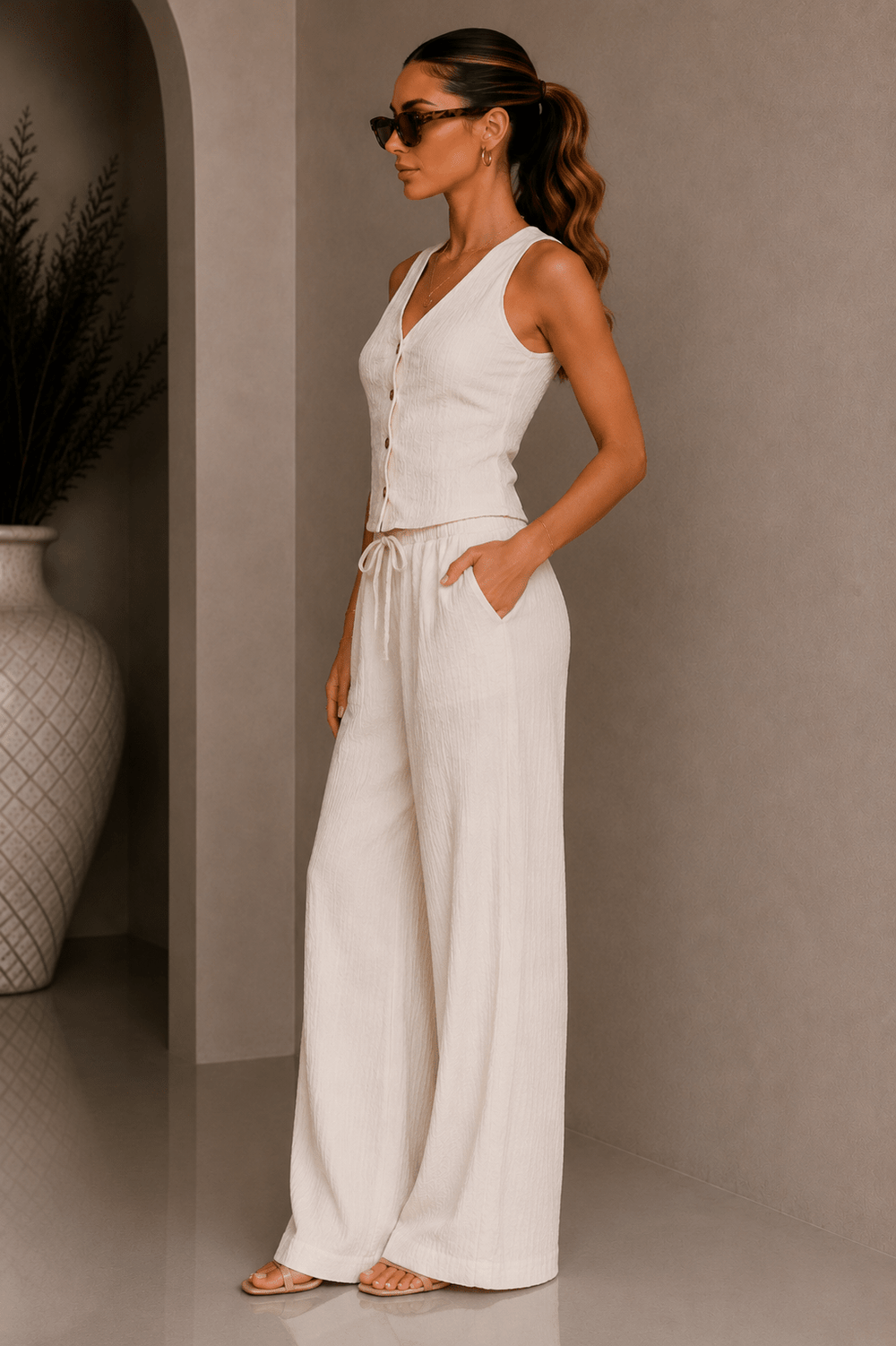 Beige Button Down Vest Pant Set – STYLED BY ALX COUTURE