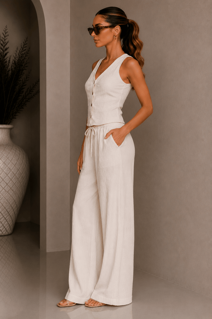 Beige Button Down Vest Pant Set - STYLED BY ALX COUTUREPANT SETS
